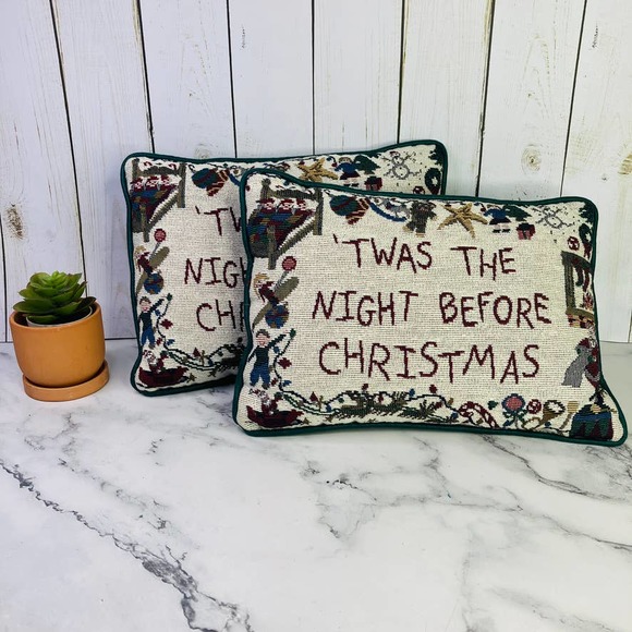 Vintage Christmas Tapestry Throw Pillow Set Pair 2 'Twas The Night Before 12" - Picture 1 of 8